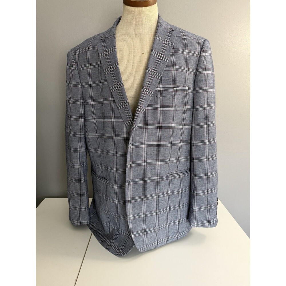 US Polo Assn Mens Blazer Sport Coat Casual Jacket 44R Blue Plaid Polyester/Linen